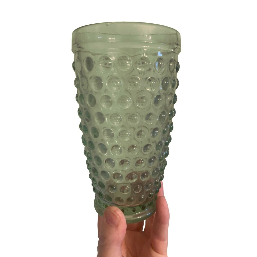 Set of 4 Green Hobnail Glass Tumblers Vintage Bubble Dot Drinking Glasses